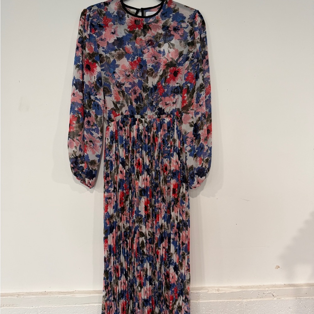 Misa Los Angeles Floral Pleated Midi Dress in Blue & Pink